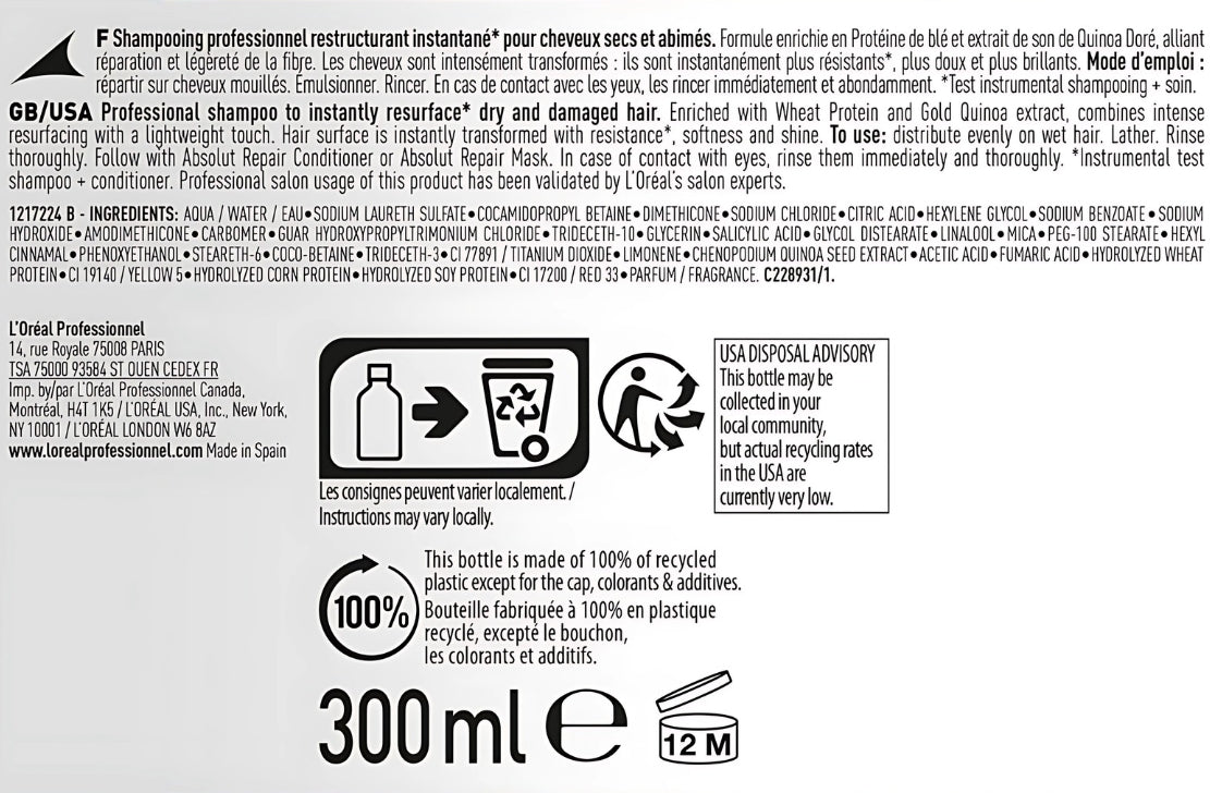 Shampoo L'Oreal Abslut Repair Protein + Gold Quinoa 300ml